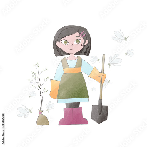 Black-haired girl with a shovel and a young sapling. Watercolor illustration