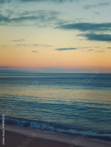 Closeup sea sand beach. Panoramic beach landscape, sunset sky calmness summer mood