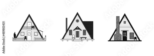Set of black and white frame houses of different designs. Icons of modern cabins isolated on white background.