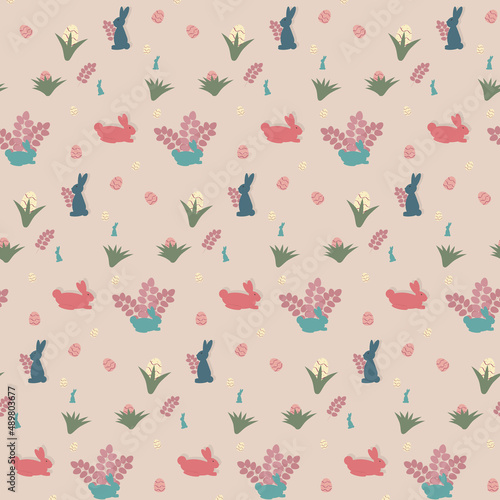 Vector seamless pattern of rabbits and Easter eggs. Template for textiles. wrapping paper, covers, scrapbooking, wallpaper.