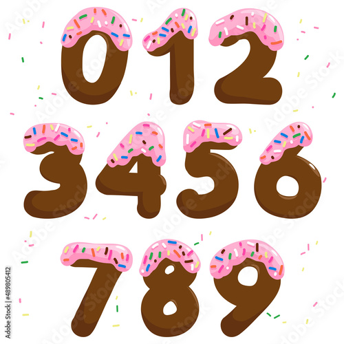 Pink cake numbers with colorful sprinkles. Vector illustration