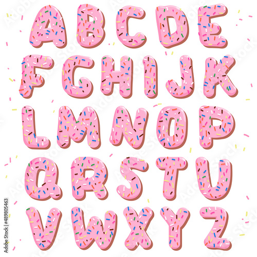 Pink cake alphabet with colorful sprinkles. Vector illustration