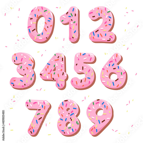 Pink cake numbers with colorful sprinkles. Vector illustration.