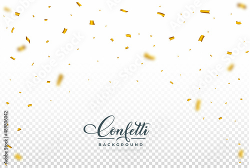 Golden confetti falling isolated on transparent background. Golden party tinsel and confetti falling. Carnival elements. Birthday celebration. Confetti vector for the festival background.