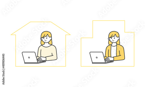 自宅で働く女性とオフィスで働く女性のイラスト素材
