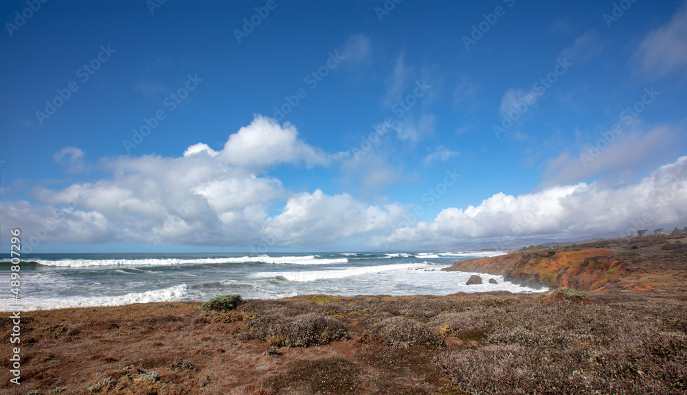 View of Pacific ocean from Bluff Trail at Fiscalini Ranch Preserve on the Rugged Central California coastline at Cambria California United States View of Pacific ocean from Bluff Trail at Fiscalini Ranch Preserve on the Rugged Central California coastline at Cambria California United States
