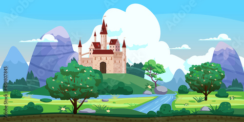 Fantasy castle landscape, green hills, trees, spring, river, mountains, panorama. Vector cartoon background illustration