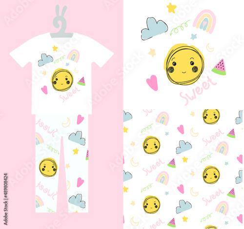 Modern kids print and seamless pattern for textiles, prints, wall art. Baby Prints on T-shirts, pajamas, sweatshirts, kids fashion. Hand Drawn Nursery Art. Isolated vector illustration