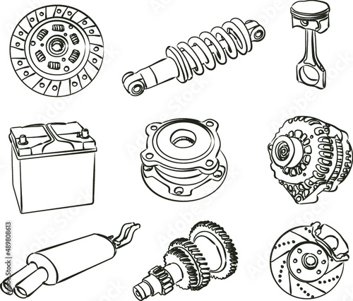 illustration of auto parts. Vector silhouette set 
