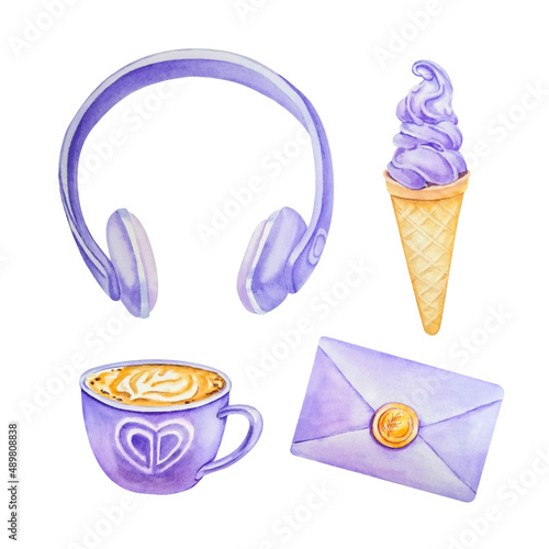 Watercolor set, lavender headphones, ice cream cone, coffee cup, letter