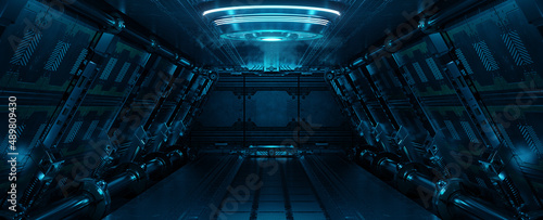 Fototapeta Naklejka Na Ścianę i Meble -  Blue spaceship interior with neon lights on panel walls. Futuristic corridor in space station background. 3d rendering