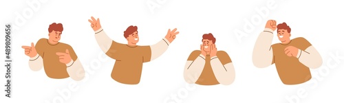 Happy smiling men set. People with good positive expressions, gestures, showing embarrassed, excited emotions. Playful, laughing, winking person. Flat vector illustrations isolated on white background