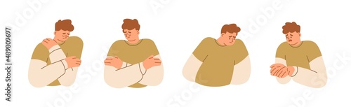 Sad, upset, unhappy men set. Depressed, confused, disappointed and ashamed person. Lonely people in despair, grief with negative emotions. Flat graphic vector illustration isolated on white background