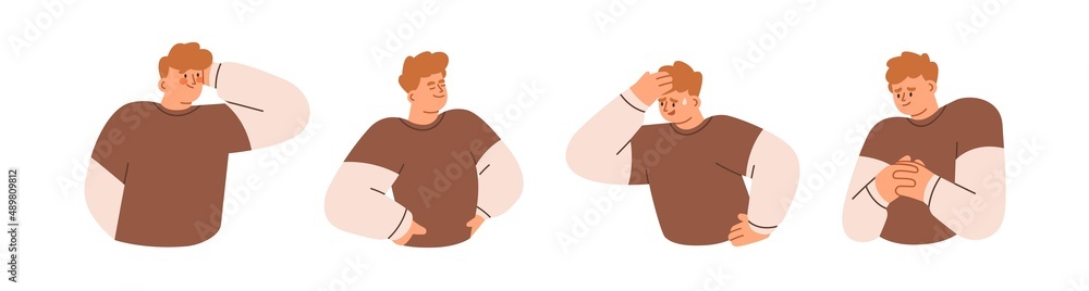 Embarrassed, worried, guilty and proud men set. Person with different emotions and feelings. Confident, concerned and nervous people portraits. Flat vector illustration isolated on white background