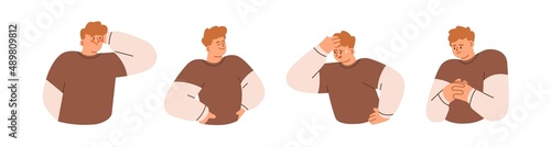 Embarrassed, worried, guilty and proud men set. Person with different emotions and feelings. Confident, concerned and nervous people portraits. Flat vector illustration isolated on white background