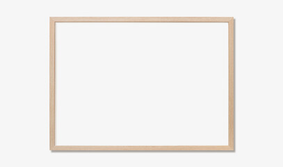 Blank picture frame mockup on white wall, horizontal artwork template. Single oak wood frame mock-up