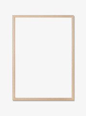 Blank picture frame mockup on white wall, vertical artwork template. Single oak wood frame mock-up