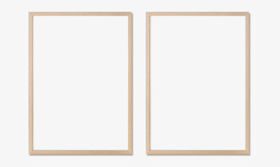 Picture frame mockup, Set of two vertical oak wooden frames on white wall, Template for artwork, painting or poster