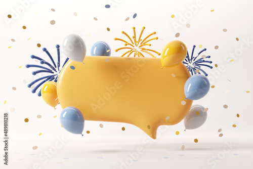 Yellow blank speech bubble with fireworks and falling shiny confetti and balloon on white background, Copy space, 3d render.
