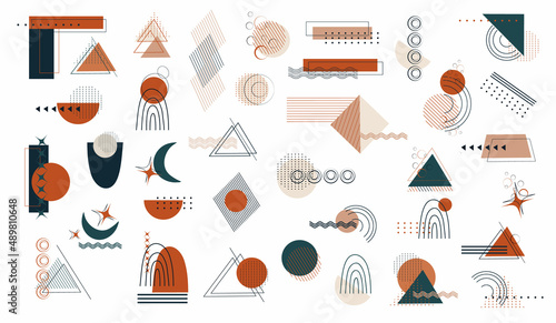 a set of geometric shapes (circle, line, triangle, point). abstract element: in the style of a one line. wallpaper from Memphis, minimalism. for print, banner, postcard. vector art illustration. boho 