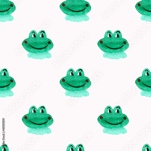 Seamless watercolor pattern cute smiling green frog.