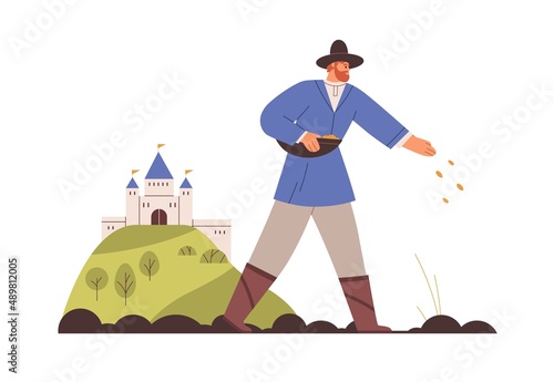Medieval farmer sowing in ancient village. Historic life of peasant on farm, working on land. Countryman at agriculture work in Middle ages. Flat vector illustration isolated on white background