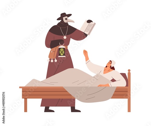 Medieval doctor in old plague costume healing ill woman. Sick dying person in bed in Middle ages. Ancient illness, sickness and curing it. Flat vector illustration isolated on white background