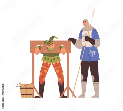 Person suffering in medieval torture device. Torturer executing humiliation, punishing fool in pillory. Physical punishment in Middle ages. Flat vector illustration isolated on white background