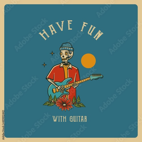 Illustration of vintage vector playing guitar skull under the sun, perfect for tshirt design