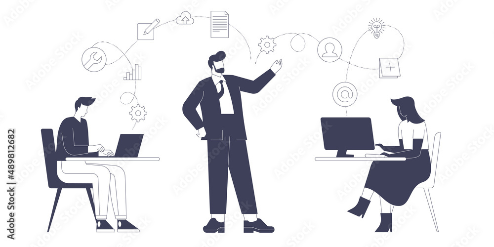 Boss gives instructions to employees in office. Manager distributes tasks and briefs team. Man and woman work at workplaces and cooperation. Vector graphic illustration isolated with character design Boss gives instructions to employees in office. Manager distributes tasks and briefs team. Man and woman work at workplaces and cooperation. Vector graphic illustration isolated with character design