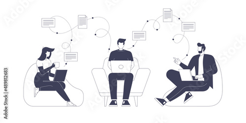 Colleagues cooperate and working in office. Manager gives tasks to employees. Freelancers work online in coworking. Teamwork in business. Vector graphic illustration isolated with character design