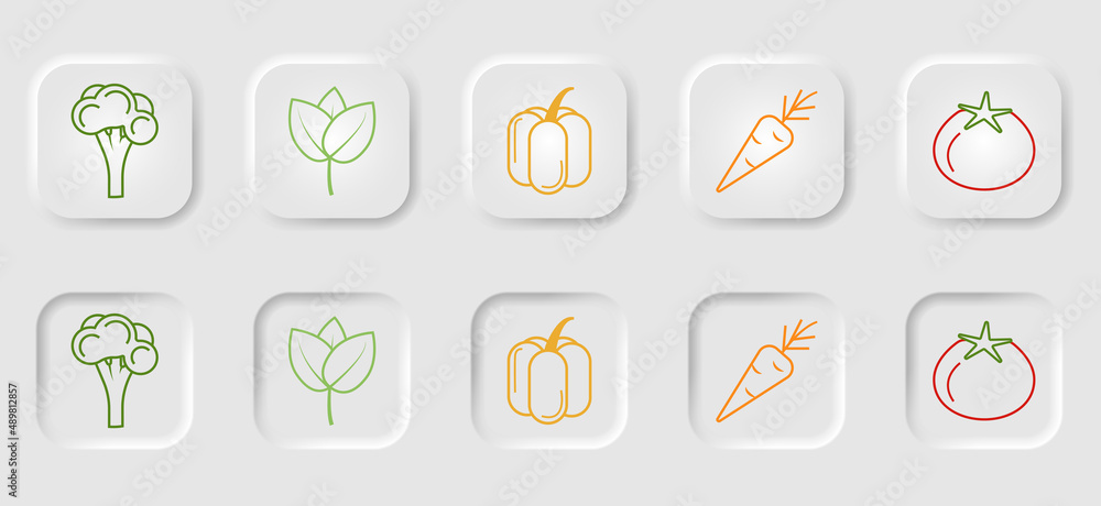 A set of colored linear vegetable icons on buttons in the neomorphism style A set of colored linear vegetable icons on buttons in the neomorphism style