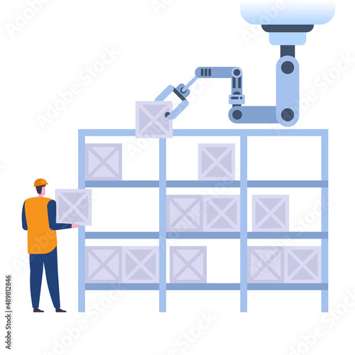 Automated warehouse with worker and robot arm. Worker loads boxes, robot distributes parcels on rack. Smart industry, delivery service and storage system. Vector illustration isolated on background