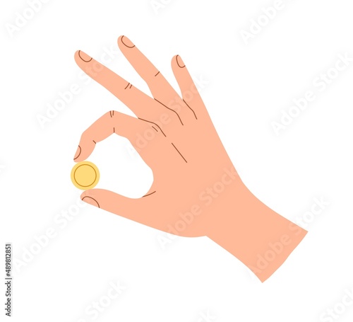 Coin in fingers. Hand holding cash money, dollar cent, gesturing OK. Finance ...