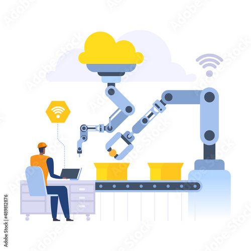 Modern production line with robot technology. Man controls manipulator collecting and packing boxes on conveyor. Automatization and industrial revolution. Vector illustration isolated on background