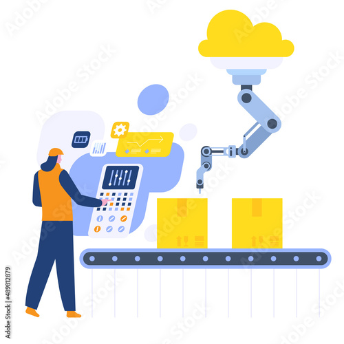 Abstract factory with automated conveyor belt line. Woman controls work at screens control panel, robotic arm packing boxes. Smart industry revolution. Vector illustration isolated on background