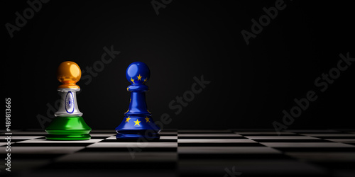 European Union or EU and India flag print screen on pawn chess for business economy and alliance trading concept by 3d render.