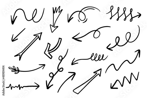 Hand drawn curve arrow icon set isolated on black background. doodle vector illustration.