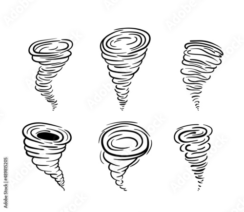 Set of outline silhouette toronado. Collection of destructive natural vortex. Stylized line hurricane. Vector illustration of a weather cataclysm isolated on white background