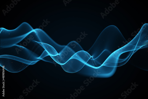 Creative glowing blue wave hologram on dark background. Technology and metaverse concept. 3D Rendering.