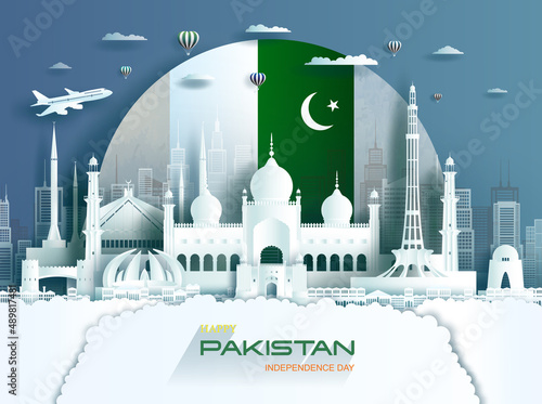 Travel landmarks Pakistan islamabad city with celebration Pakistan independence day. photo