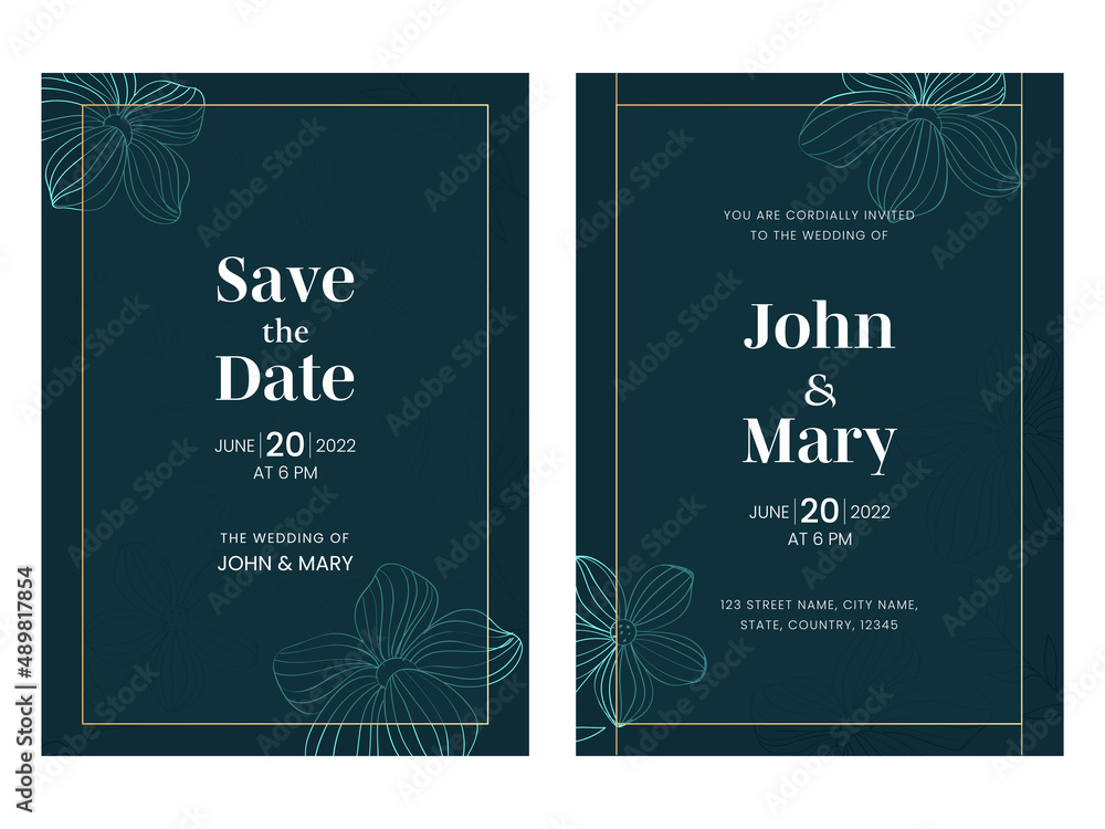 Wedding Invitation Card Template Layout With Linear Flowers In Teal Color. Wedding Invitation Card Template Layout With Linear Flowers In Teal Color.