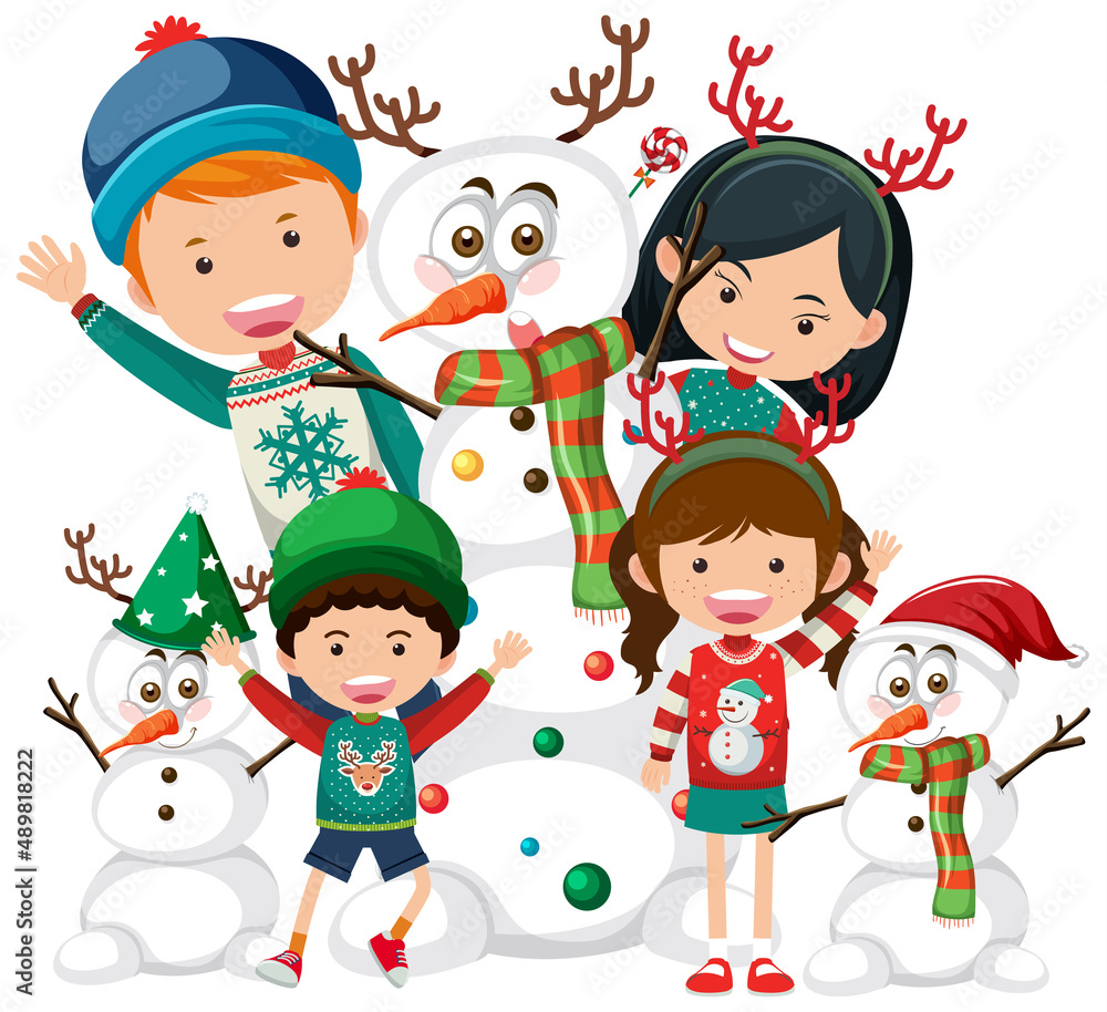 Happy family in Christmas theme with snowman Happy family in Christmas theme with snowman