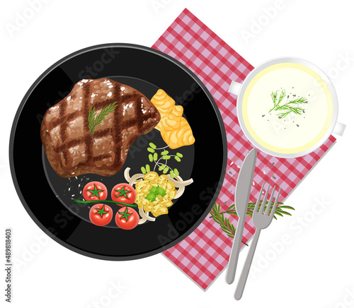 Top view food set, steak and placemat on white background