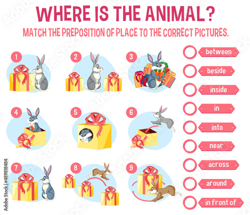 Prepostion wordcard design with bunny and boxes