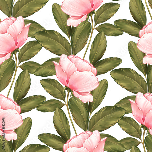 Seamless pattern of pink flowers and green leaves. Floral background.