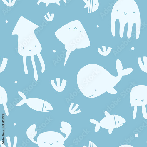 Monochrome cute sea animals silhouette pattern. Doodle stamp marine seamless vector baby print. © Sonium_art