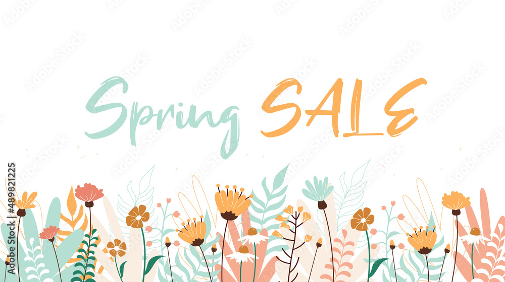 Spring sale. lettering. Vector banner, spring flowers and plants, leaves. Vector illustration. Pink, yellow, blue, white flowers, inscription