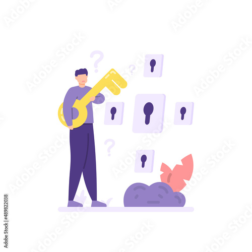 illustration of a confused person for the correct keyhole. the concept or metaphor of forgot password, looking for an answer. login or sign in. flat cartoon style. vector design. landing page, ui