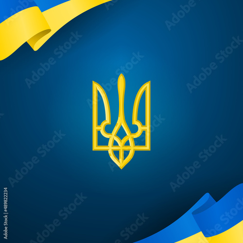 Waving ukraine flag frame with national symbol of Ukraine on blue background.